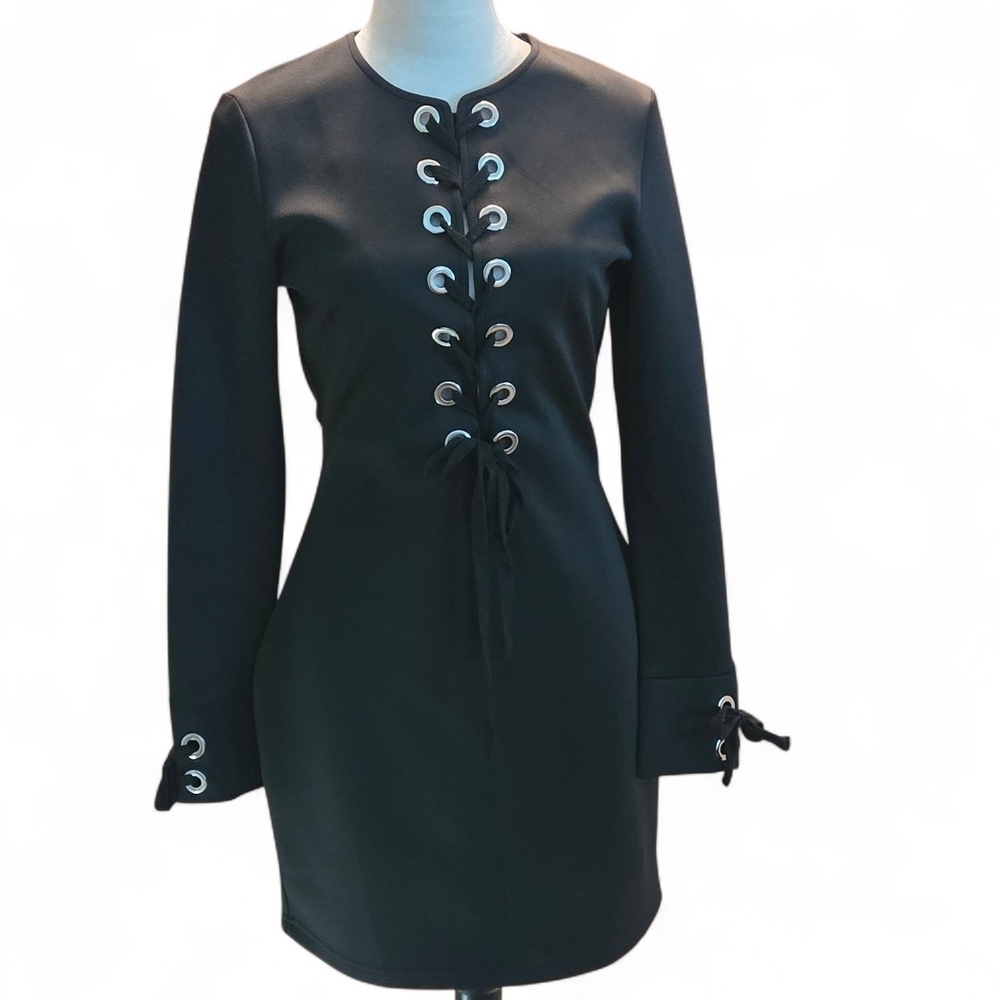 Sheilay Black Lace-Up Grommet Front Long Sleeve Mini Dress Women’s M Whimsigoth